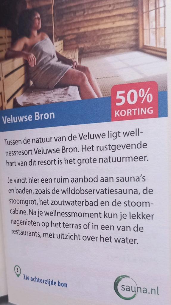 Veluwse bron 50% korting 4 personen sauna wellness spa, Tickets en Kaartjes, Twee personen, Kortingsbon, Spa of Sauna