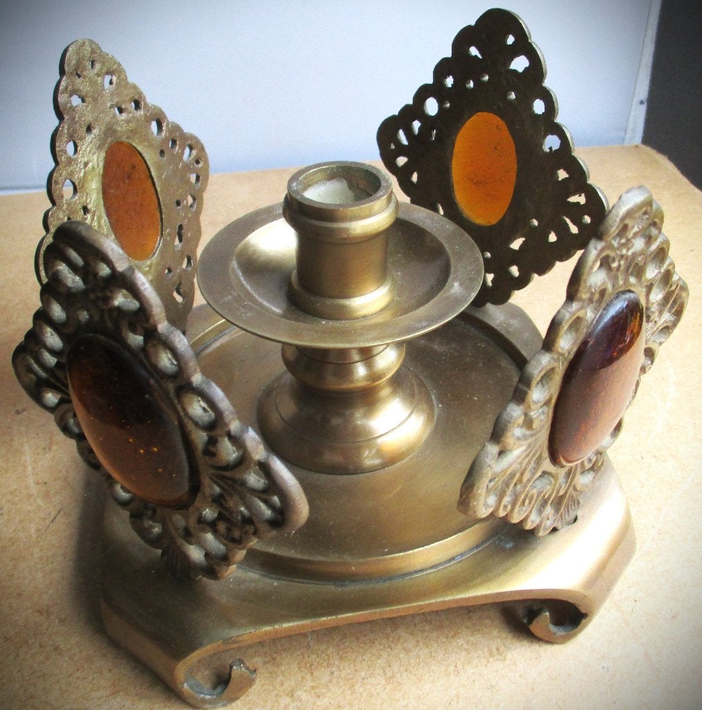 Kandelaar Messing~Antieke Kaarsenhouder met Amber kleur sten, Ophalen of Verzenden, Koper of Brons
