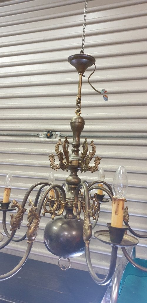 kroonluchter antiek , geheel messing met vissen, Ophalen of Verzenden, 'T Olde Gre-j, Info@toldegrej.nl, Endepoelstraat 20f Didam
