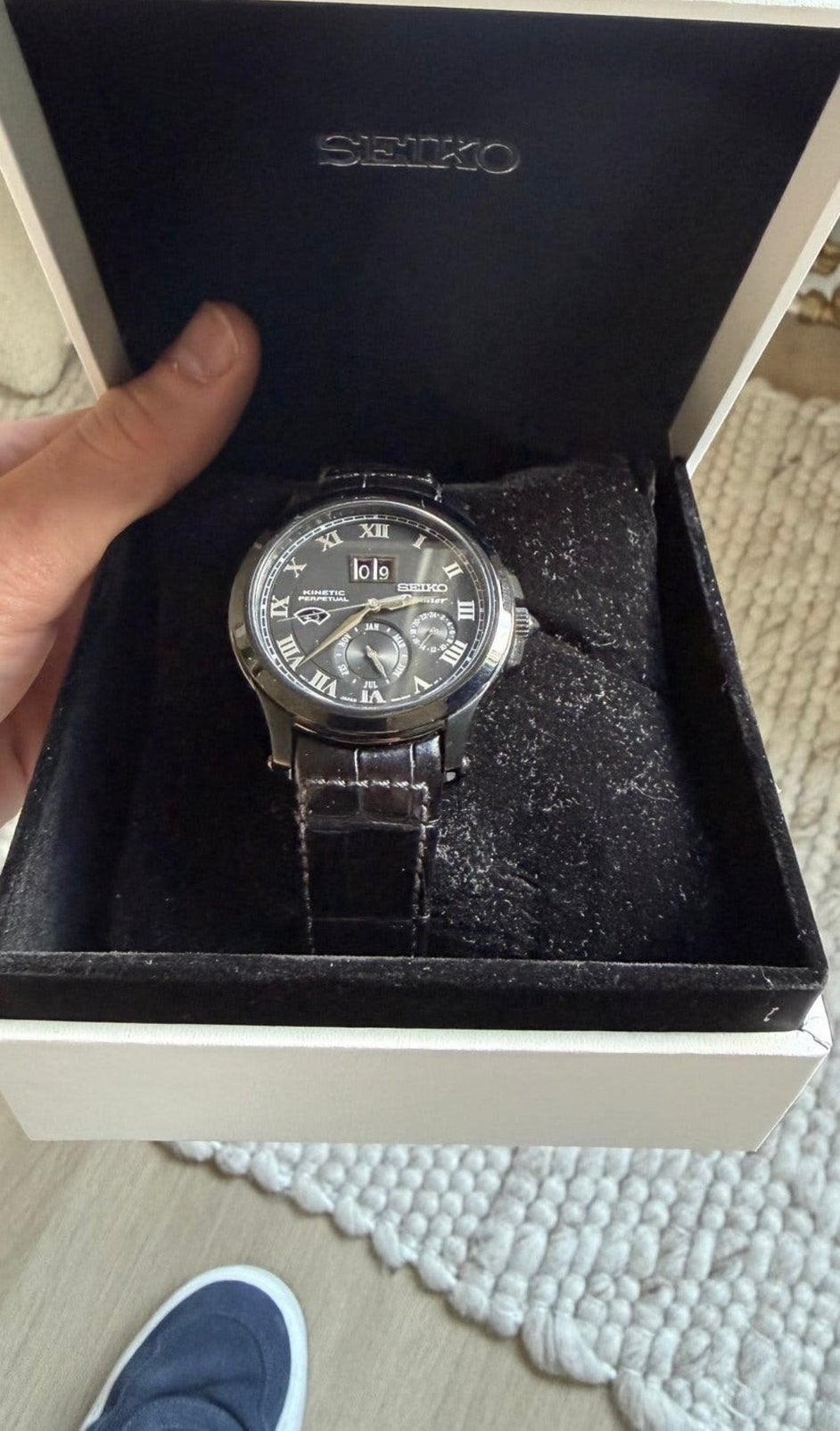 Seiko Premier Kinetic perpetual SNP045P1. Compleet, Ophalen, Zo goed als nieuw, Leer, Overige merken
