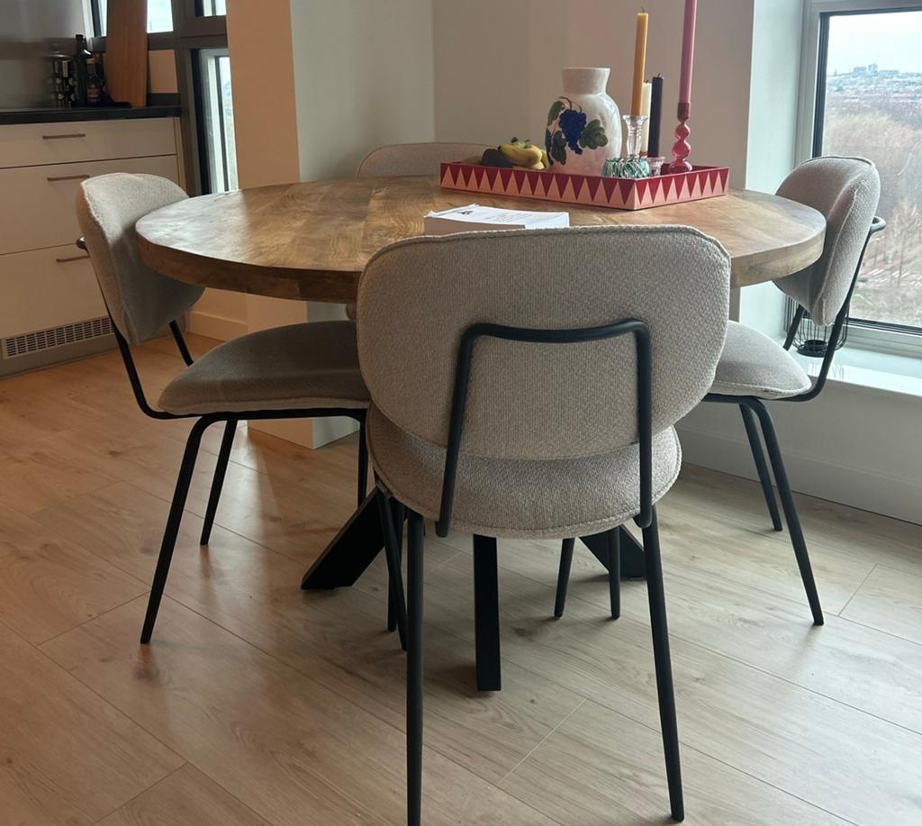 Ronde eettafel mangohout 120 cm, Ophalen, 100 tot 150 cm, Rond, Zo goed als nieuw