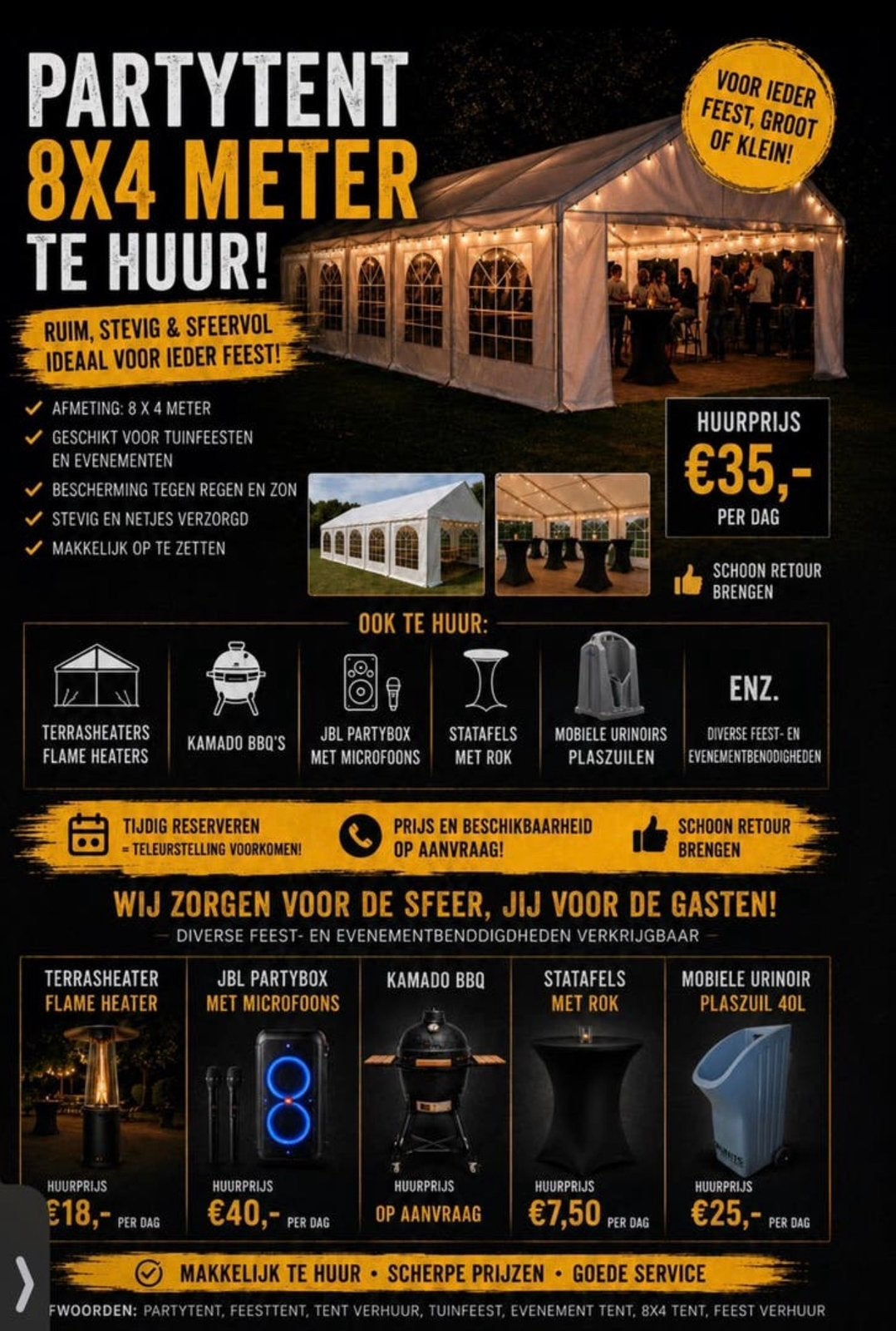 Partytent 8x4 meter te huur, Ophalen of Verzenden