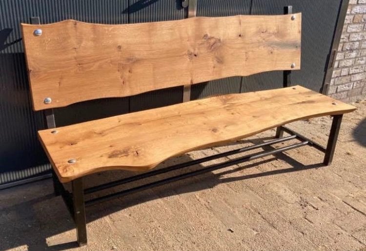 Prachtige robuuste bank met eikenhouten schaaldelen, Ophalen, Zo goed als nieuw, Hout