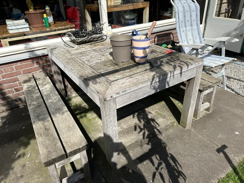 tuintafel met bankjes, Tuin en Terras, Tuintafels, Gebruikt, Rechthoekig, Hout, Ophalen