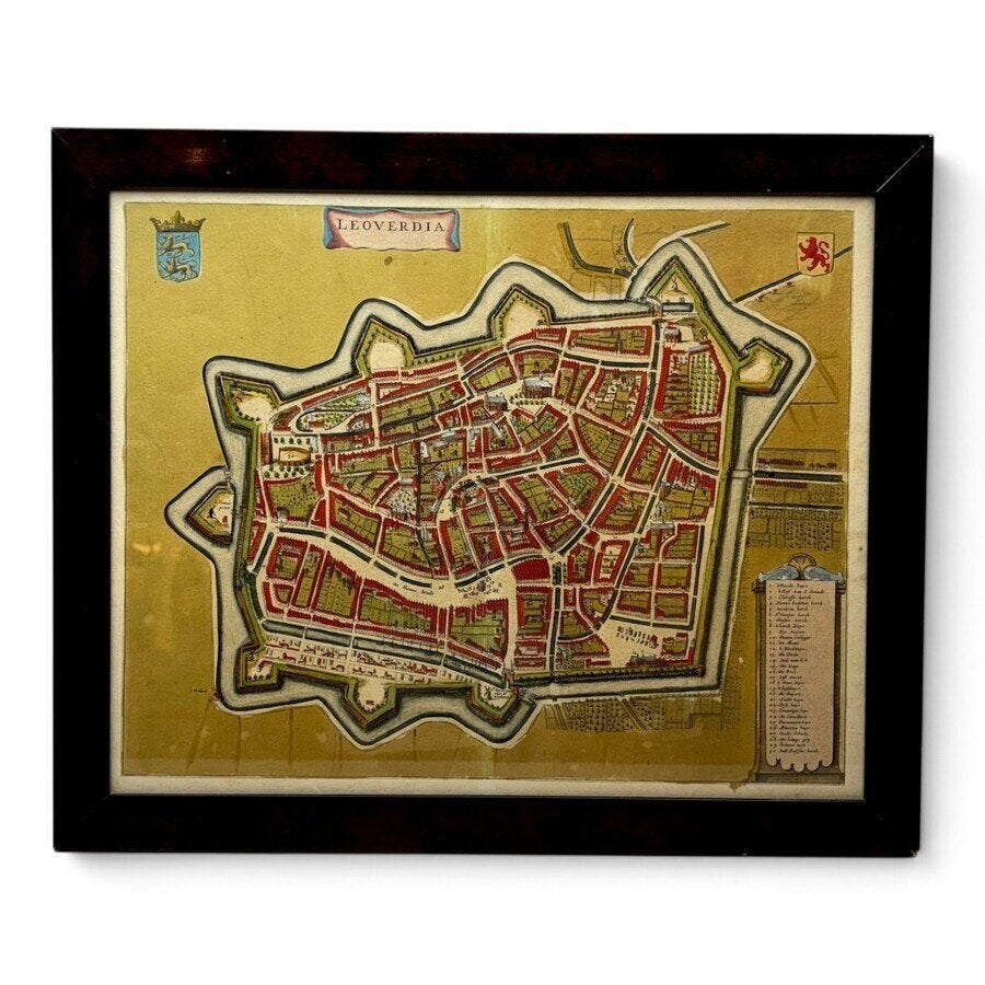 kopergravure, stadsplattegrond 'Leoverdia', Ophalen of Verzenden, Cartografie, Gravure, Handgekleurd