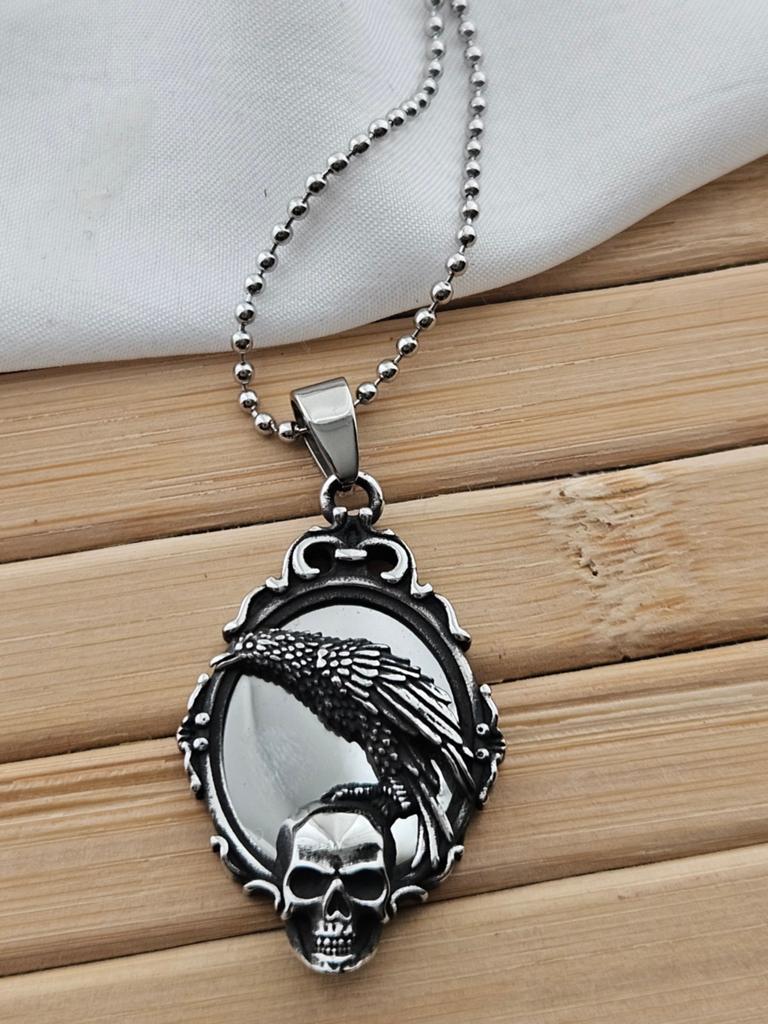 Rvs stalen barok spiegel ketting kraai skull, Sieraden, Tassen en Uiterlijk, Kettingen, Overige materialen, Verstelbaar, Nieuw