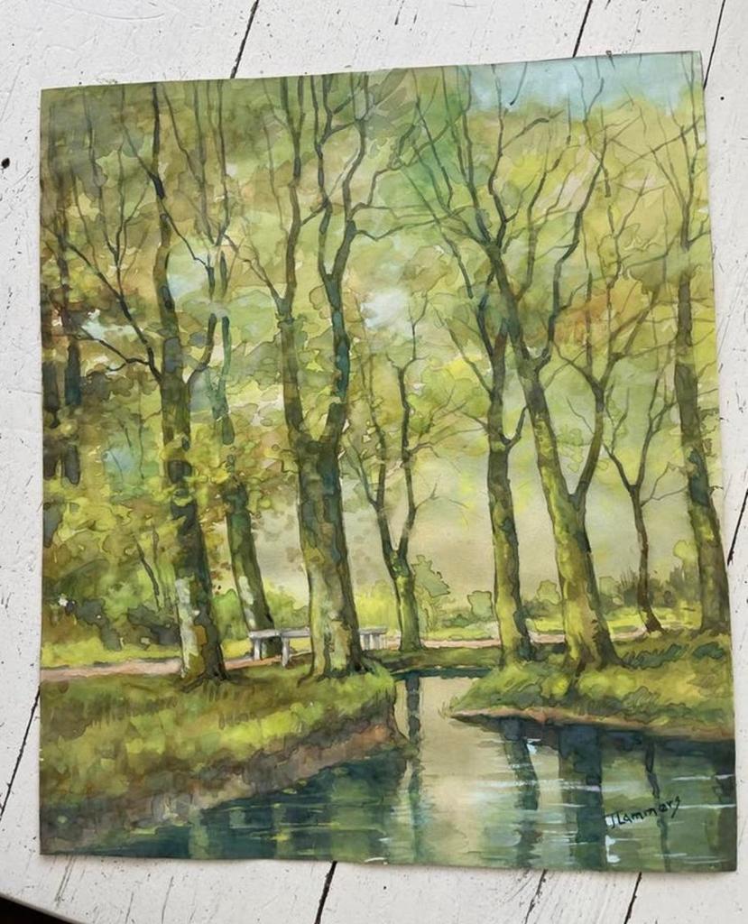 Schilderij: Boslandschap met beekje - Aquarel, Ophalen