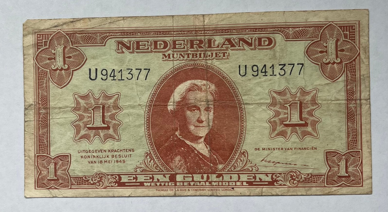 Nederland 1 Gulden 1945 gebruikte staat, Verzenden, 1 gulden, Los biljet