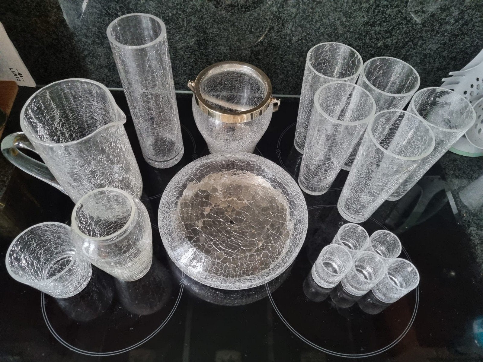 Grote set krakglas: karaf, glazen, ijsemmer, schaal, Ophalen