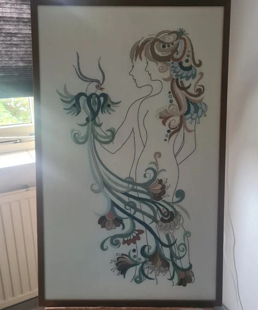 Vintage schilderij Geborduurd  kunstwerk, Ophalen, Zo goed als nieuw, 50 tot 75 cm, Schilderij