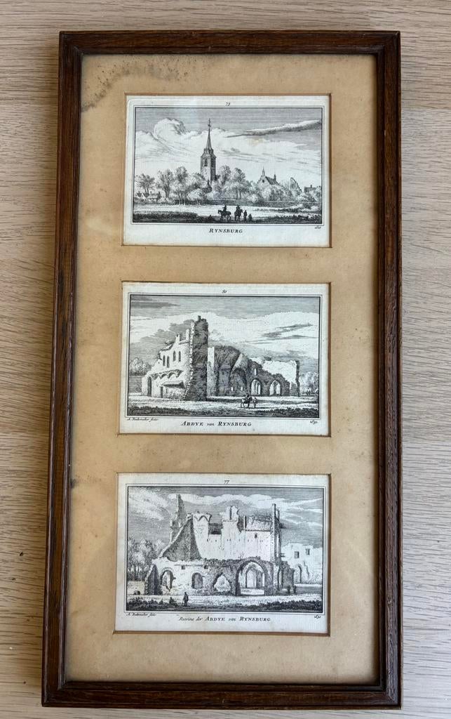 Antieke gravures Abraham Rademaker - 3 stuks ingelijst, Antiek en Kunst, Kunst | Etsen en Gravures, Gravure, Ingelijst, Stadsgezicht