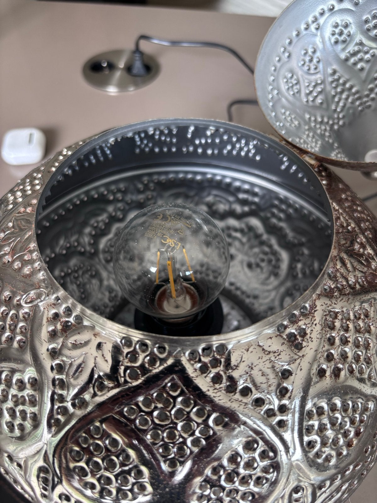 Zilverkleurige Orientaalse Tafellamp met Oosterse Patronen, Bohemian, Overige merken, Gebruikt, Zilver