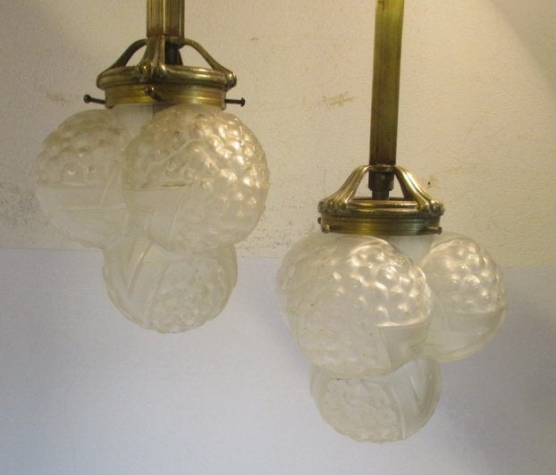 art deco hanglampen brons en geperst glas Hettier & Vincent, Ophalen