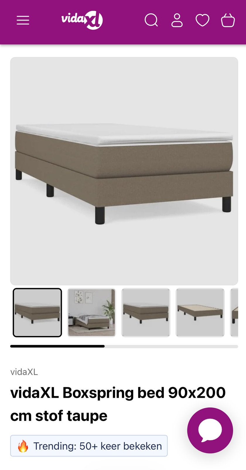Boxspring 90 x 200 taupe, Ophalen, 90 cm, Nieuw, 200 cm