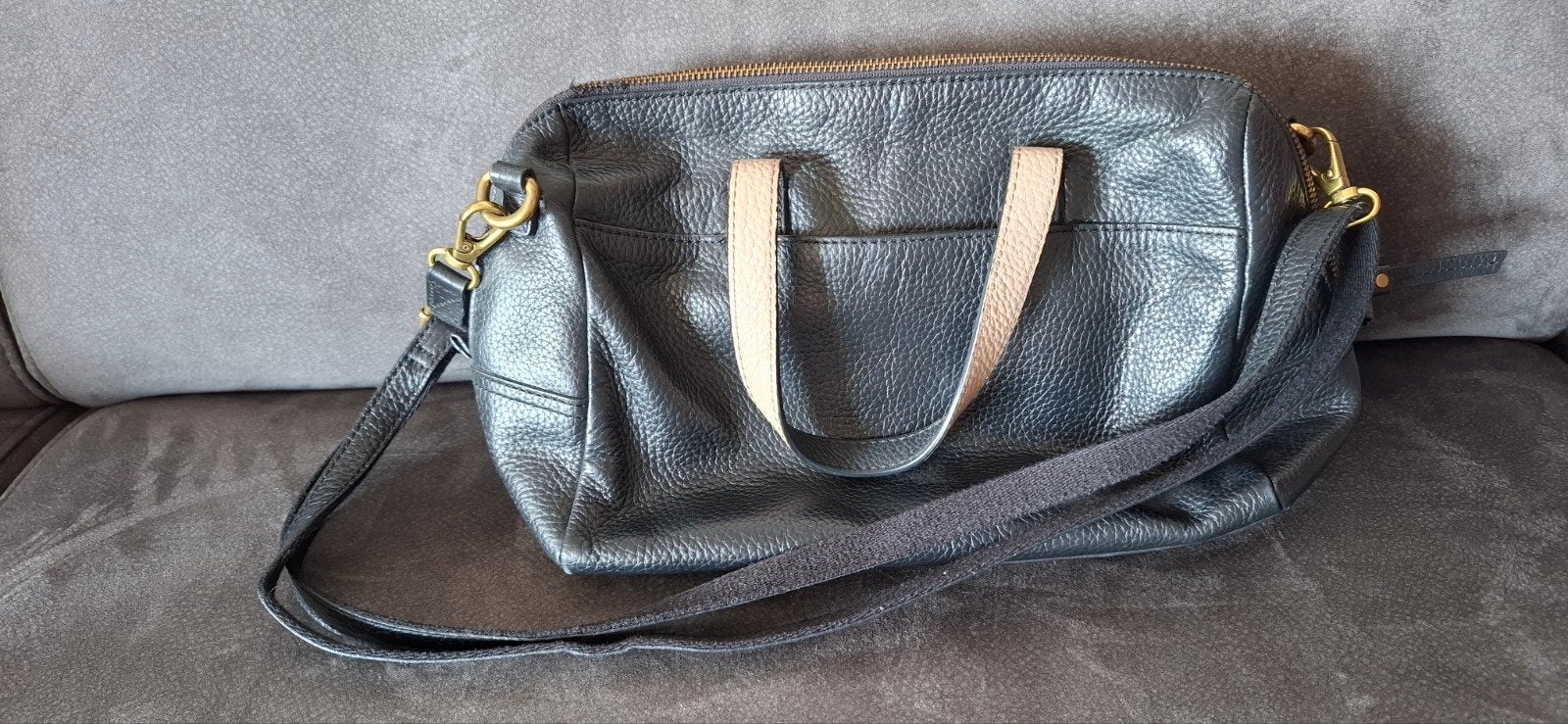 Fossil handtas zwart leer met schouderband, Ophalen of Verzenden, Gebruikt, Zwart, Handtas