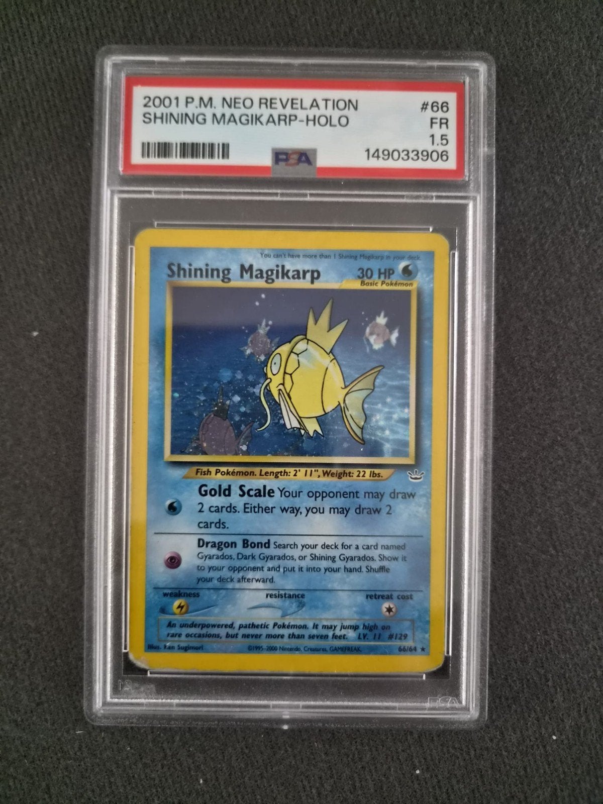 Pop 2!! Shining Magikarp Holo PSA 1.5 - Neo Revelation, Ophalen of Verzenden, Gebruikt, Losse kaart, Foil