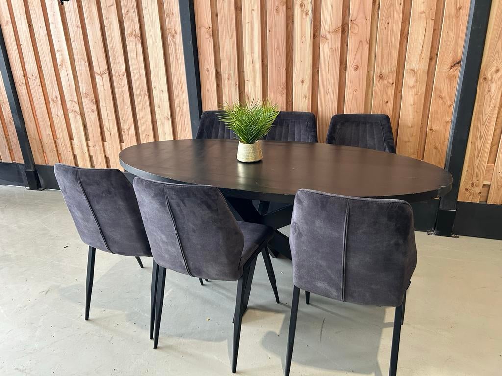 Ovale tafel (200x100 cm) met 6 velvet stoelen - Z.G.A.N., Huis en Inrichting, Tafels | Eettafels, ., ., Ophalen of Verzenden, Zo goed als nieuw