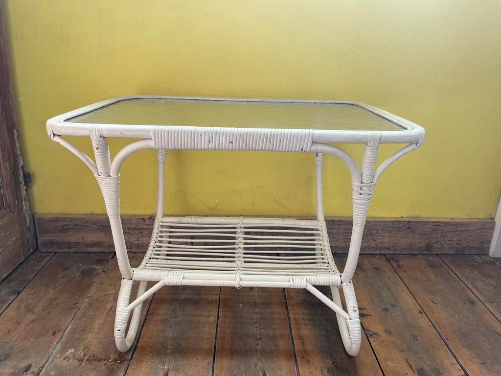 Vintage rotan salontafel, Huis en Inrichting, Tafels | Salontafels, Gebruikt, 50 tot 100 cm, Rond, Ophalen of Verzenden