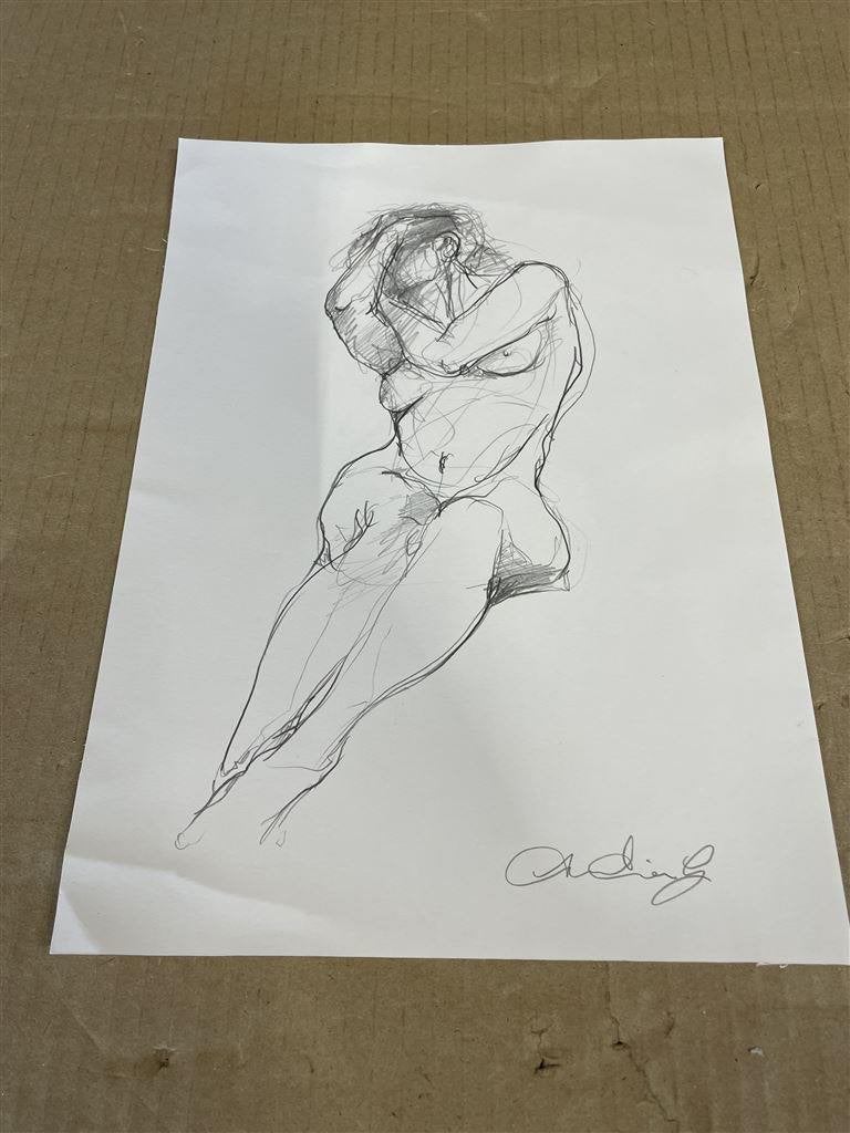 Pen tekening van naakte vrouw in zit positie, Ophalen of Verzenden