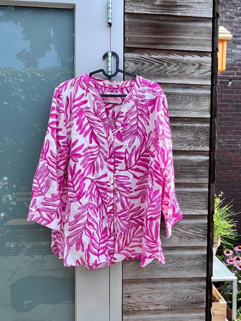 Linnen blouse Cecil fuchsiaroze met bladermotief maat L, Cecile, Maat 42/44 (L), Ophalen of Verzenden, Zo goed als nieuw