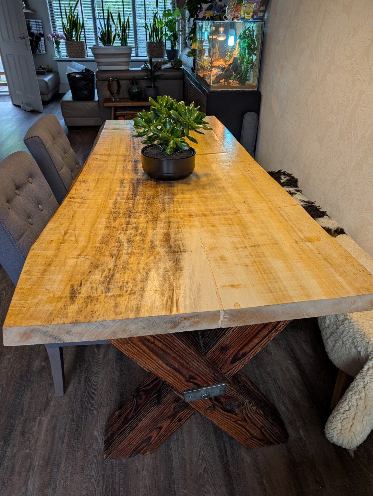 Robuuste houten eettafel met X-poten, Ophalen, Gebruikt, 50 tot 100 cm, Rustiek, Industrieel