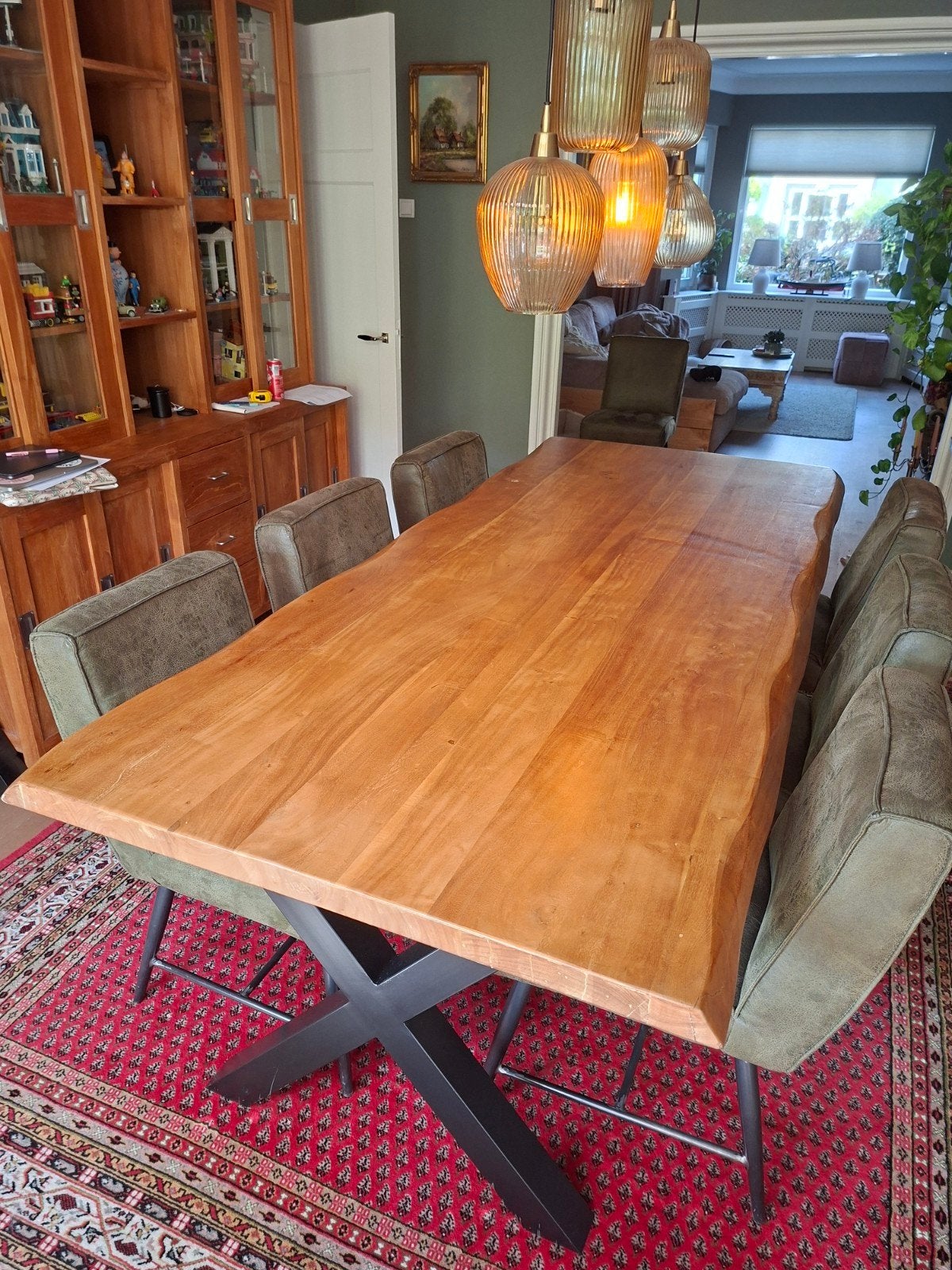 Robuuste eettafel van Acaciahout 240x100 cm met metalen X-p, Industrieel, robuust, modern, Gebruikt, 200 cm of meer, 50 tot 100 cm