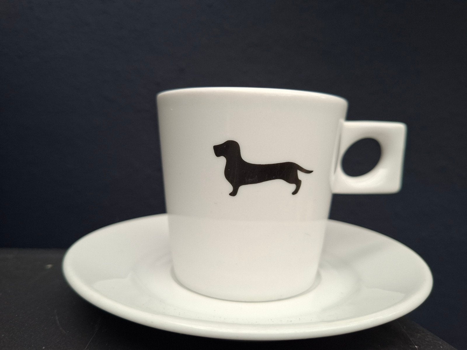 Cappuccino en koffie kop en schotel met teckel logo, Ophalen of Verzenden
