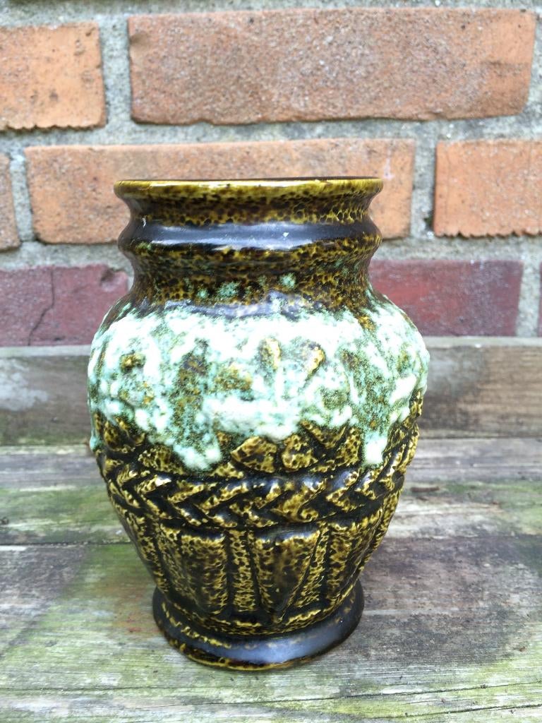 West Germany jaren 70 groen vaasje met turquoise schuimkraag, Ophalen of Verzenden