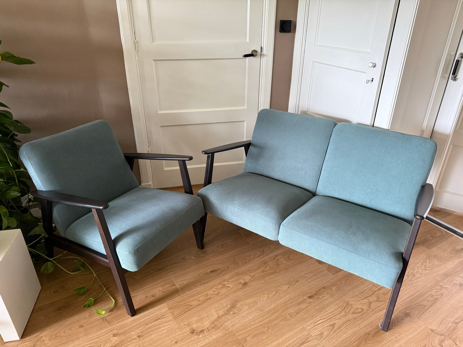 Ekenaset Grijsturkooise Tweezitsbank en Fauteuil, Ophalen, Minder dan 75 cm, Tweepersoons, Zo goed als nieuw