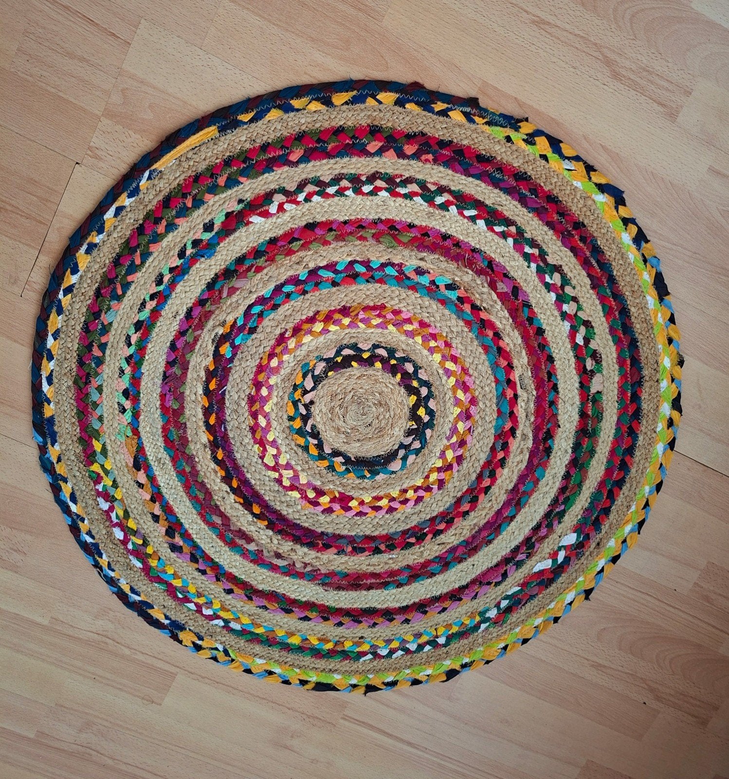 Rond Vloerkleed Jute en Stof - Kleurrijk en Handgemaakt, Huis en Inrichting, Geel, 50 tot 100 cm, Rond, Zo goed als nieuw