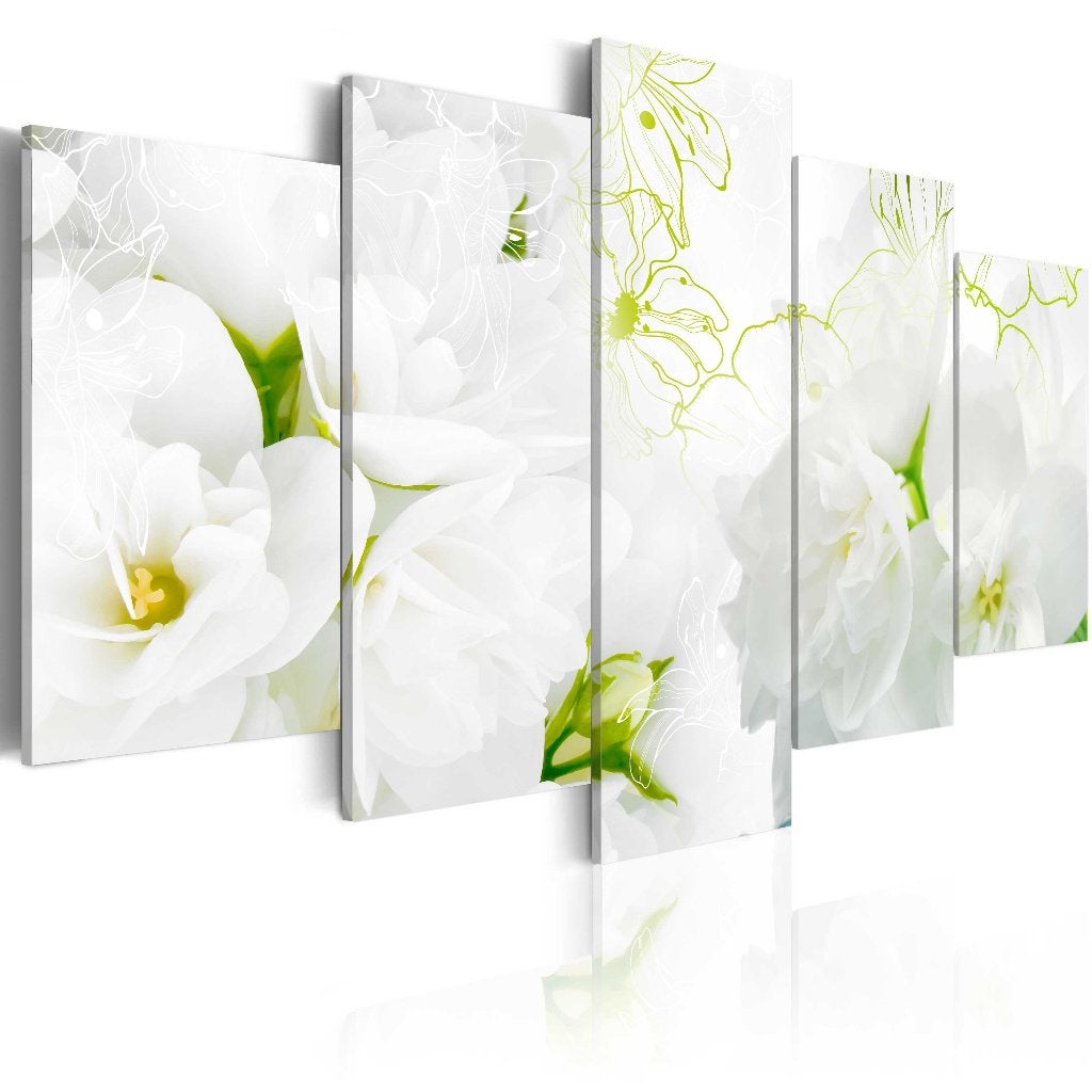 641 Witte Bloemen 5 Luik Canvas Schilderij 200x100cm 2 maten, Ophalen of Verzenden, Bloemen