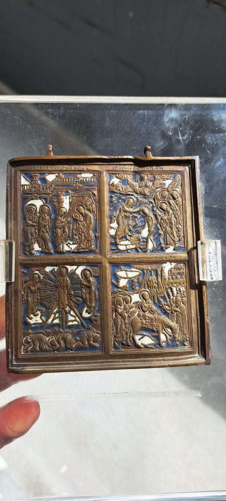 Russische bronzen icoon, Antiek en Kunst, Antiek | Koper en Brons, Ophalen of Verzenden