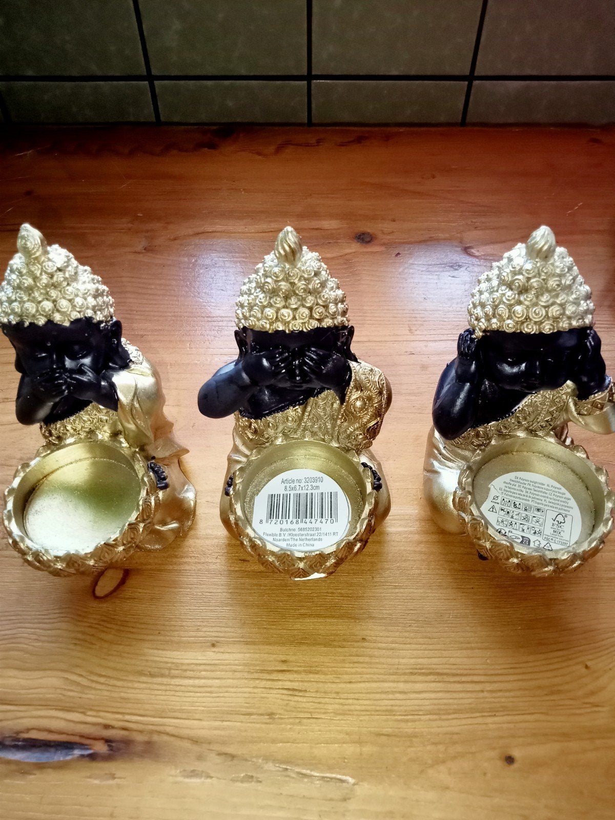 3 mooie waxine lichthouders, horen, zien en zwijgen, Ophalen of Verzenden, Zo goed als nieuw, Goud