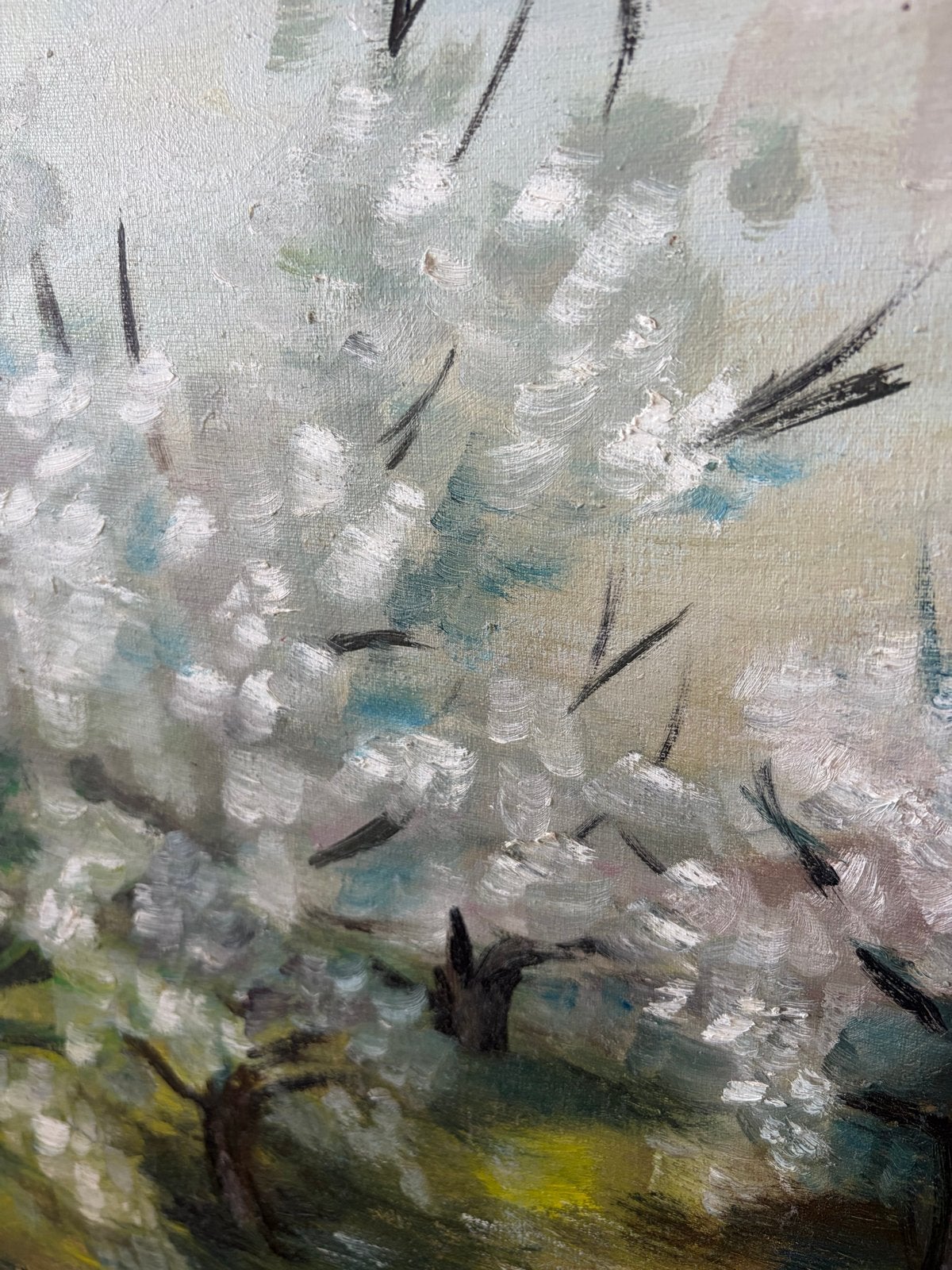 Origineel olieverfschilderij: Bloesemboomgaard, ingelijst, Ophalen