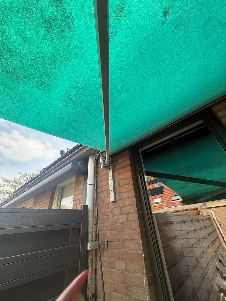 Zonnescherm 5 meter breed met knikarm, Tuin en Terras, Ophalen of Verzenden, Zo goed als nieuw, 450 cm of meer, Knikarmscherm