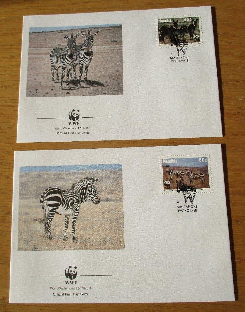 Namibië, WWF serie FDC's Hartmanns bergzebra, 1991, Ophalen of Verzenden, Gestempeld, Dier of Natuur