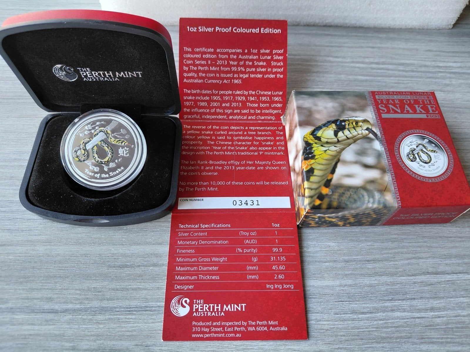 2013 Australia Lunar 2 Snake Color 1 oz .999 Zilver Proof, Ophalen of Verzenden, Zilver