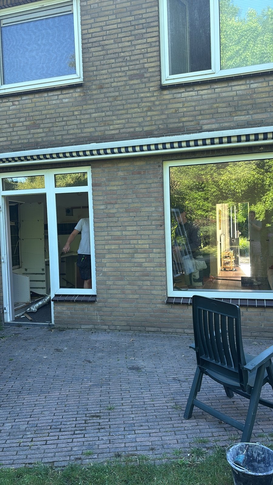 Knikarmscherm 5500mm breed - Blauw/Wit gestreept, Ophalen, Gebruikt, 450 cm of meer, 150 tot 300 cm