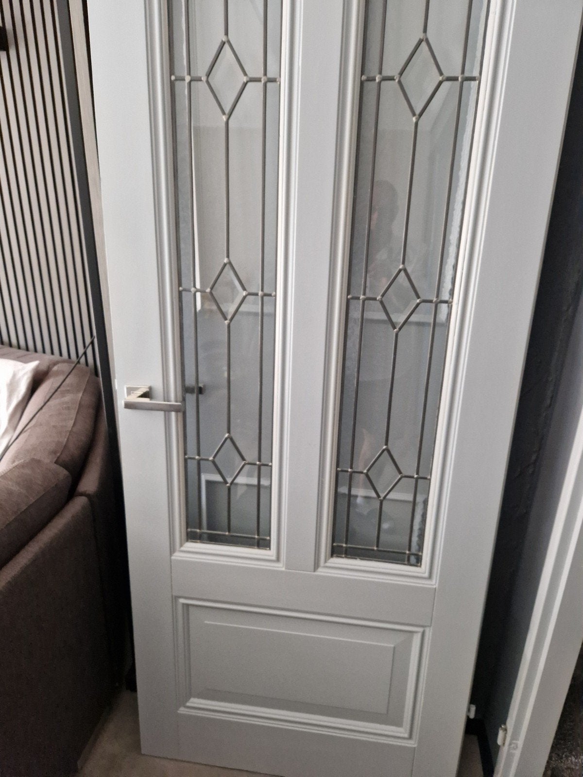 WOONKAMER DEUR GLAS IN LOOD AANGEBODEN LICHT GRIJS OPDEKDEUR, Ophalen, Gebruikt, 80 tot 100 cm, Binnendeur