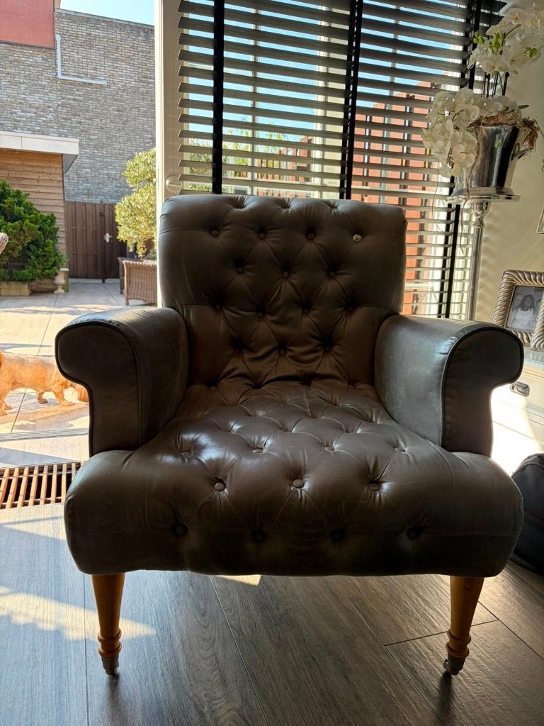 Rivièra Maison taupekleurige Pellini leren fauteuil, Ophalen, Gebruikt, Bruin, Leer
