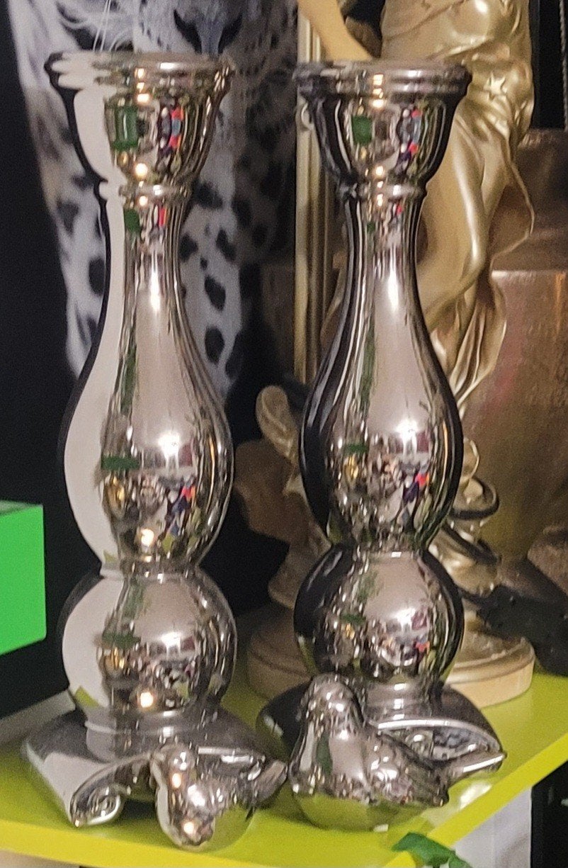 Set van 2 zilverkleurige kandelaars met vogels, Antiek en Kunst, Ophalen of Verzenden, Keramiek of Aardewerk