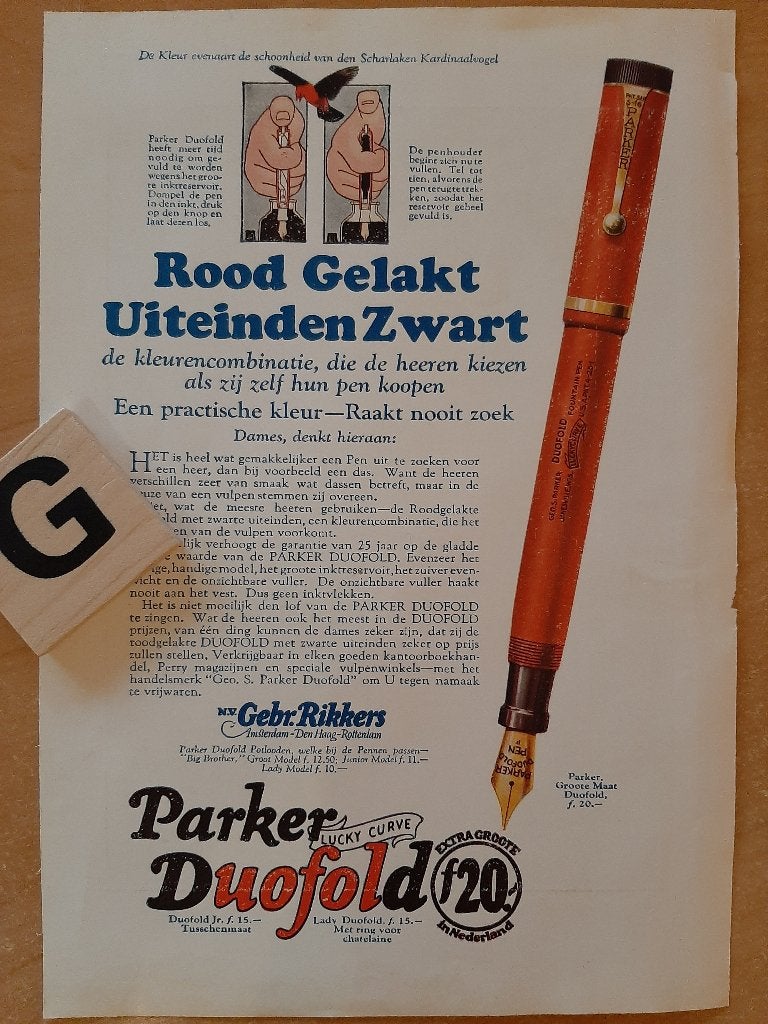 Vintage Parker Duofold Vulpen - Rood Gelakt Zwart, Gebruikt, Parker, Ophalen of Verzenden, Met reclame