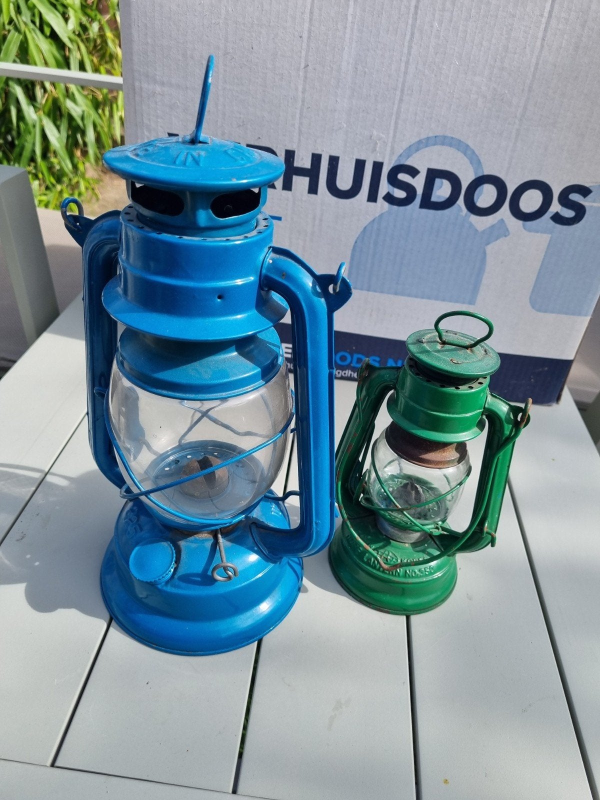 Set van 2 vintage olielampen: blauw en groen, Antiek en Kunst, Ophalen of Verzenden