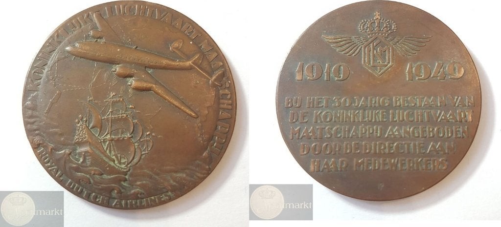 Historiepenning - 1949 'Koninklijke Luchtvaart 30 jaar', Ophalen of Verzenden, Brons, Nederland