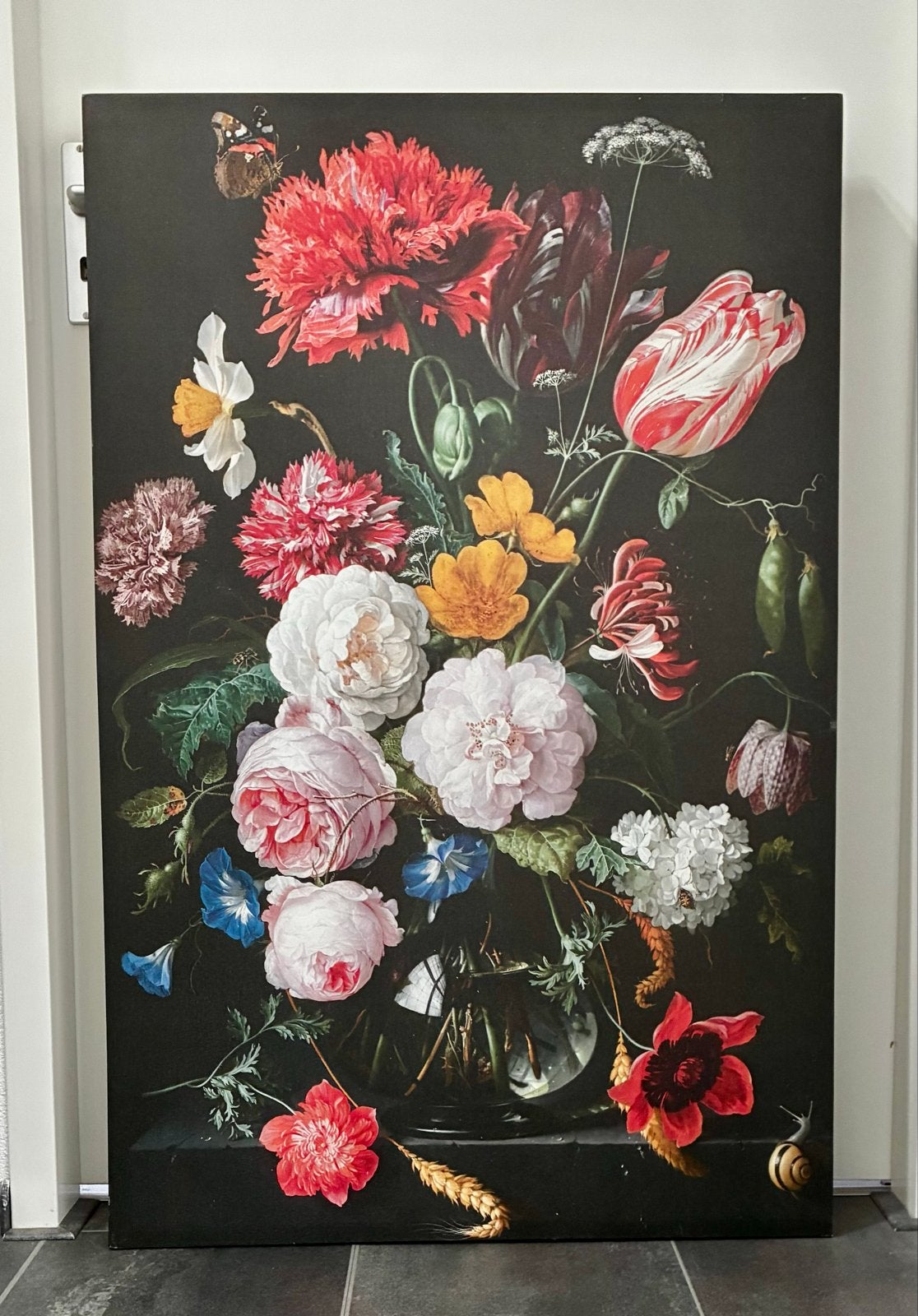 Groot bloemstilleven op zwart doek - 75x115cm, Doek, Klassiek, Print, Ingelijst