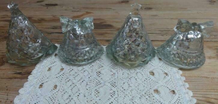 SALE 4 Zilverglas kandelaartjes 2 x kerstboom, 2 x bel, KERS, Gebruikt, -, -, Ophalen of Verzenden