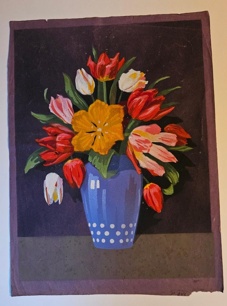Prent vaas met bloemen, Ophalen of Verzenden, Voor 1940, Dier