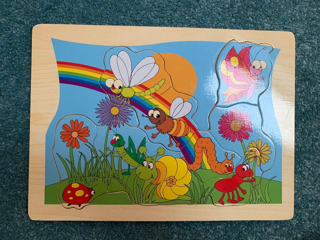 Houten inlegpuzzel puzzel voor peuters met insecten en slak, 2 tot 4 jaar, Nieuw, Ophalen of Verzenden, Van hout