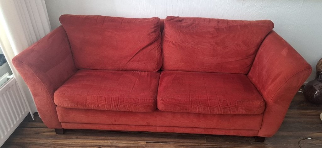 Rood oranje 3-zits bank ribstof, Ophalen, Hout, Gebruikt, Driepersoons