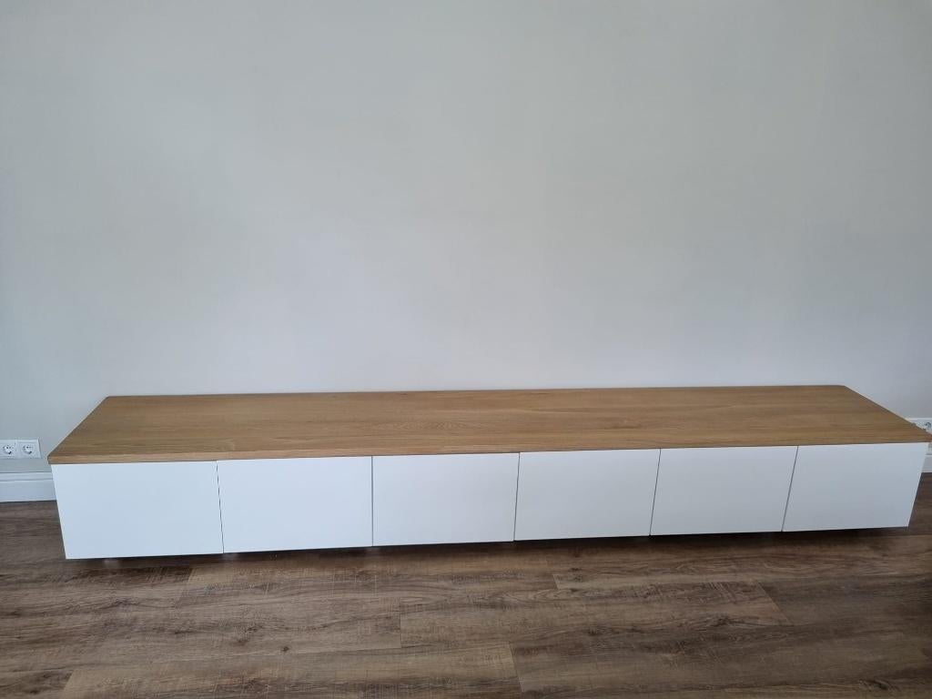 TV-dressoir wit met licht eiken, Ophalen, Eikenhout, Zo goed als nieuw, 200 cm of meer